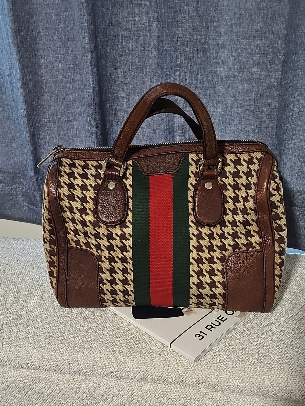 ⭐️GUCCI⭐️: Gucci Pied-de-Poule Fabric 'Seventies' Web Boston Bag